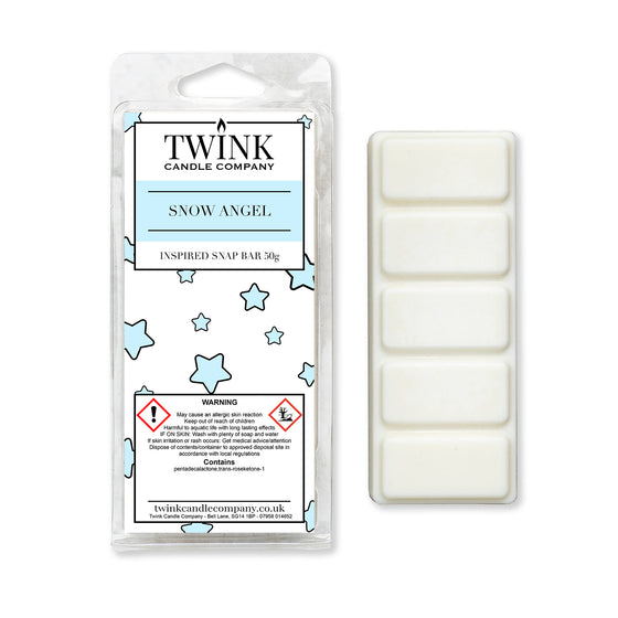 Snow Angel 50g soy wax melt snap bar in its packet beside the unwrapped bar and its five break-apart segments