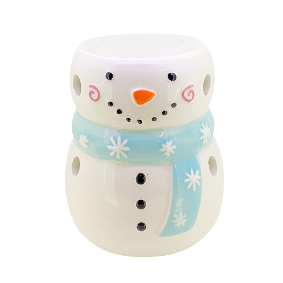Snowman wax and oil burner by Twink Candle Company, white ceramic with a blue scarf and carrot nose