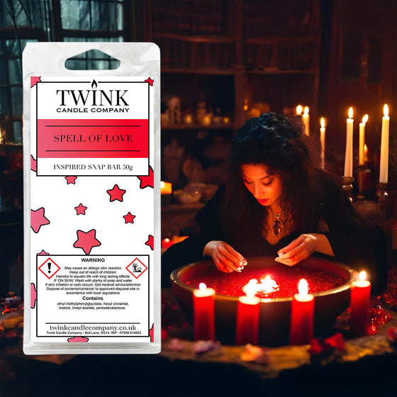 Spell Of Love inspired soy wax melt snap bar by Twink Candle Company, with a woman lighting red candles by candlelight