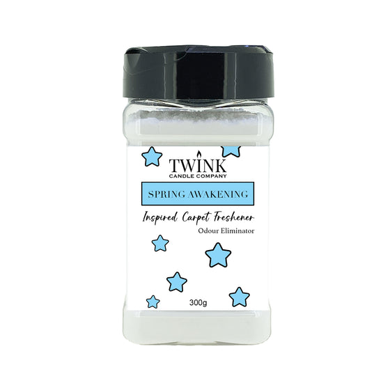 Spring Awakening inspired carpet freshener by Twink Candle Company, a 300g shaker jar of odour-eliminating powder