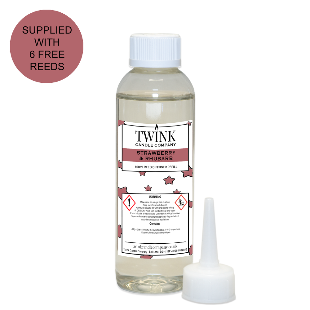 Strawberry & Rhubarb reed diffuser refill by Twink Candle Company, a 100ml bottle with pouring nozzle and six free reeds
