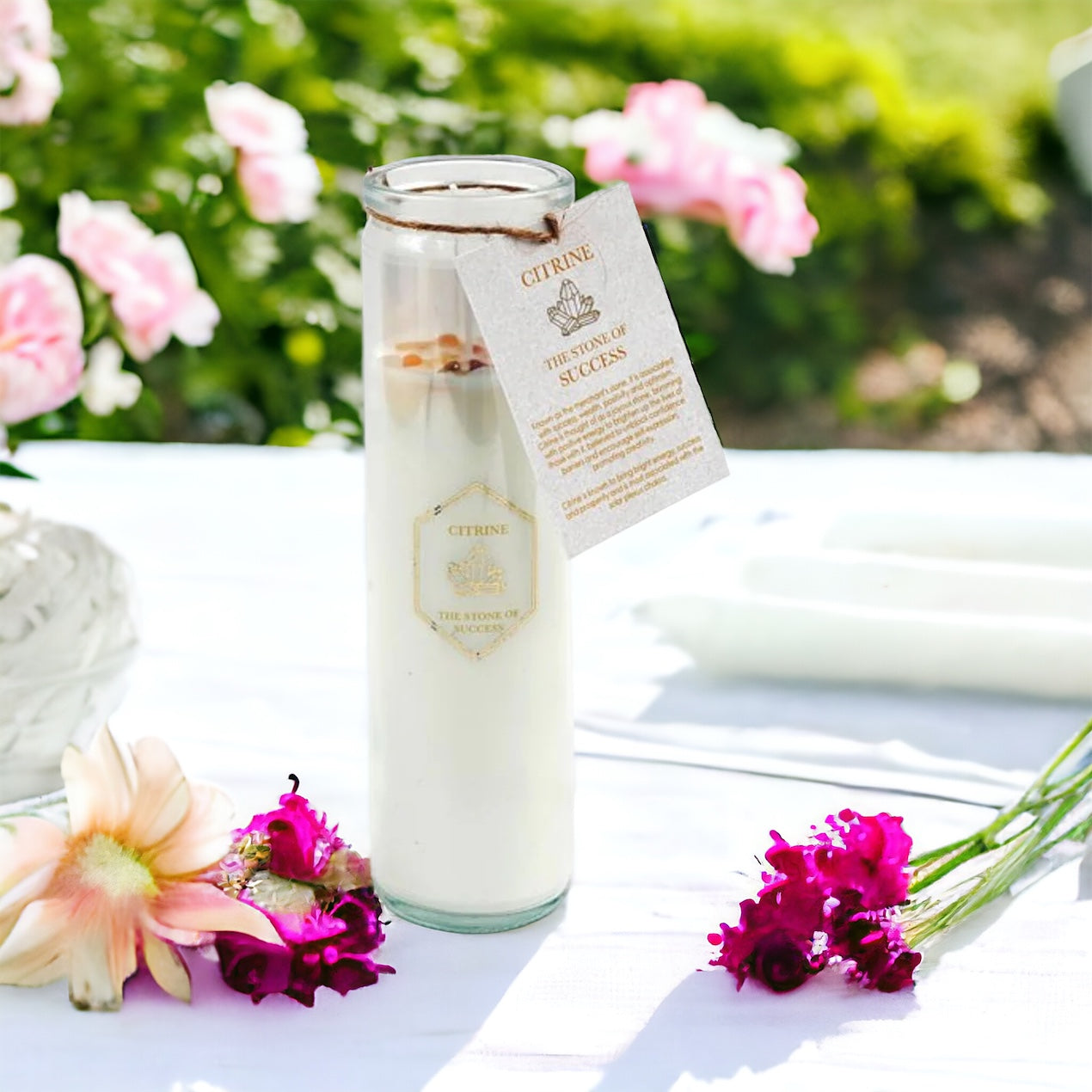 Summer Garden Tube Candle with Yellow Citrine Crystals