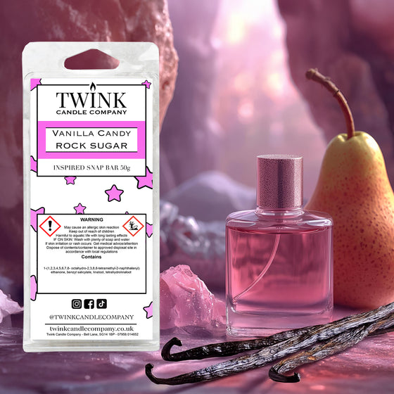 Vanilla Candy Rock Sugar inspired soy wax melt snap bar by Twink Candle Company, with a pink perfume bottle and vanilla pods