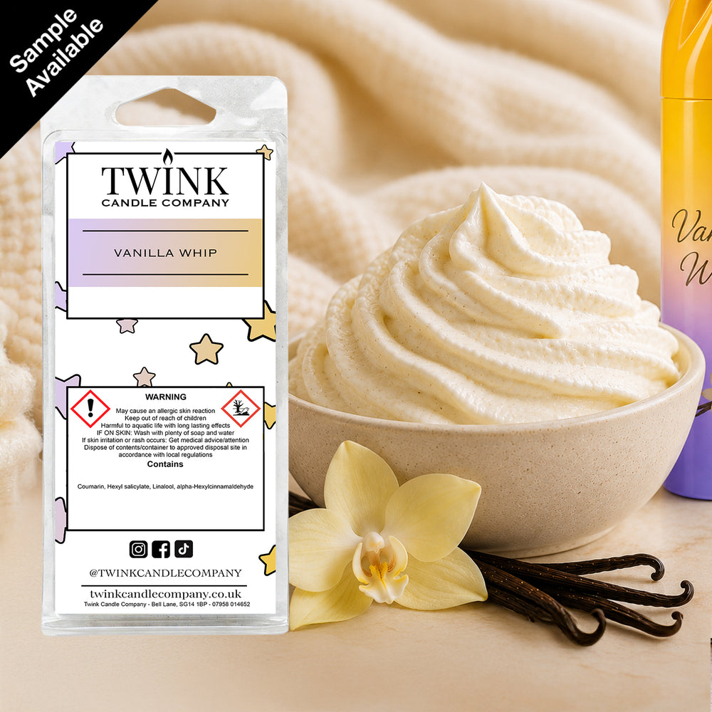Vanilla Whip inspired soy wax melt snap bar by Twink Candle Company, with a swirl of whipped cream and vanilla pods