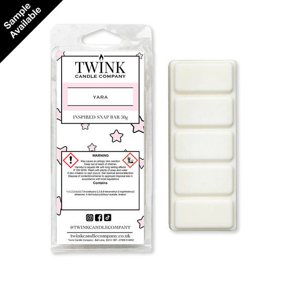 Yara inspired 50g soy wax melt snap bar in its packet beside the unwrapped bar and its five break-apart segments