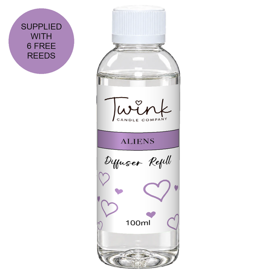 Aliens 100ml reed diffuser refill bottle by Twink Candle Company on a white background, supplied with six free reeds