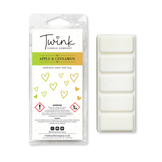 Apple & Cinnamon soy wax melt snap bar with its five break-apart wax melts on a white background, by Twink Candle Company