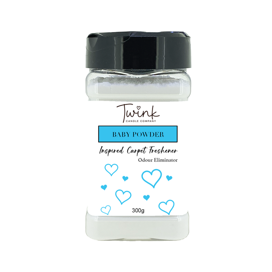 Baby Powder inspired carpet freshener by Twink Candle Company, a 300g odour-eliminating shaker jar on a white background