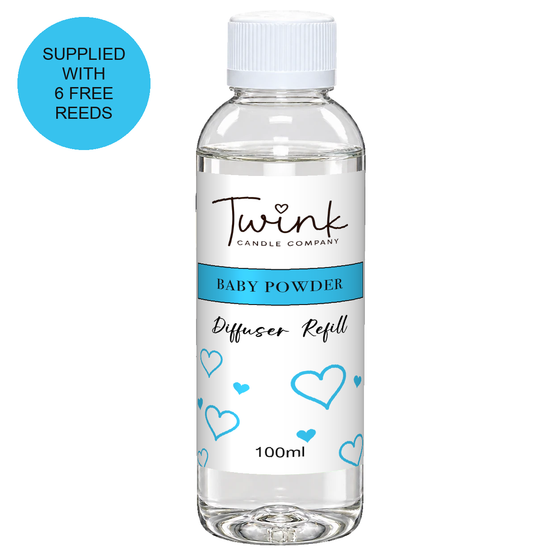Baby Powder 100ml reed diffuser refill bottle by Twink Candle Company on a white background, supplied with six free reeds