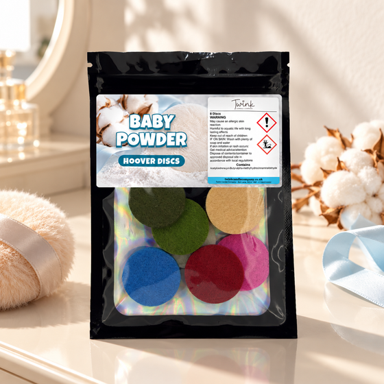 Baby Powder scented hoover discs by Twink Candle Company, pack of 8 styled in a home setting