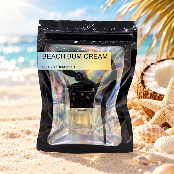 Beach Bum Cream car air freshener by Twink Candle Company, hanging vent diffuser styled in a home setting