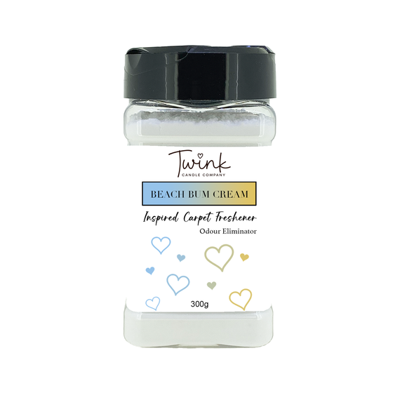 Beach Bum Cream inspired carpet freshener by Twink Candle Company, a 300g odour-eliminating shaker jar on a white background
