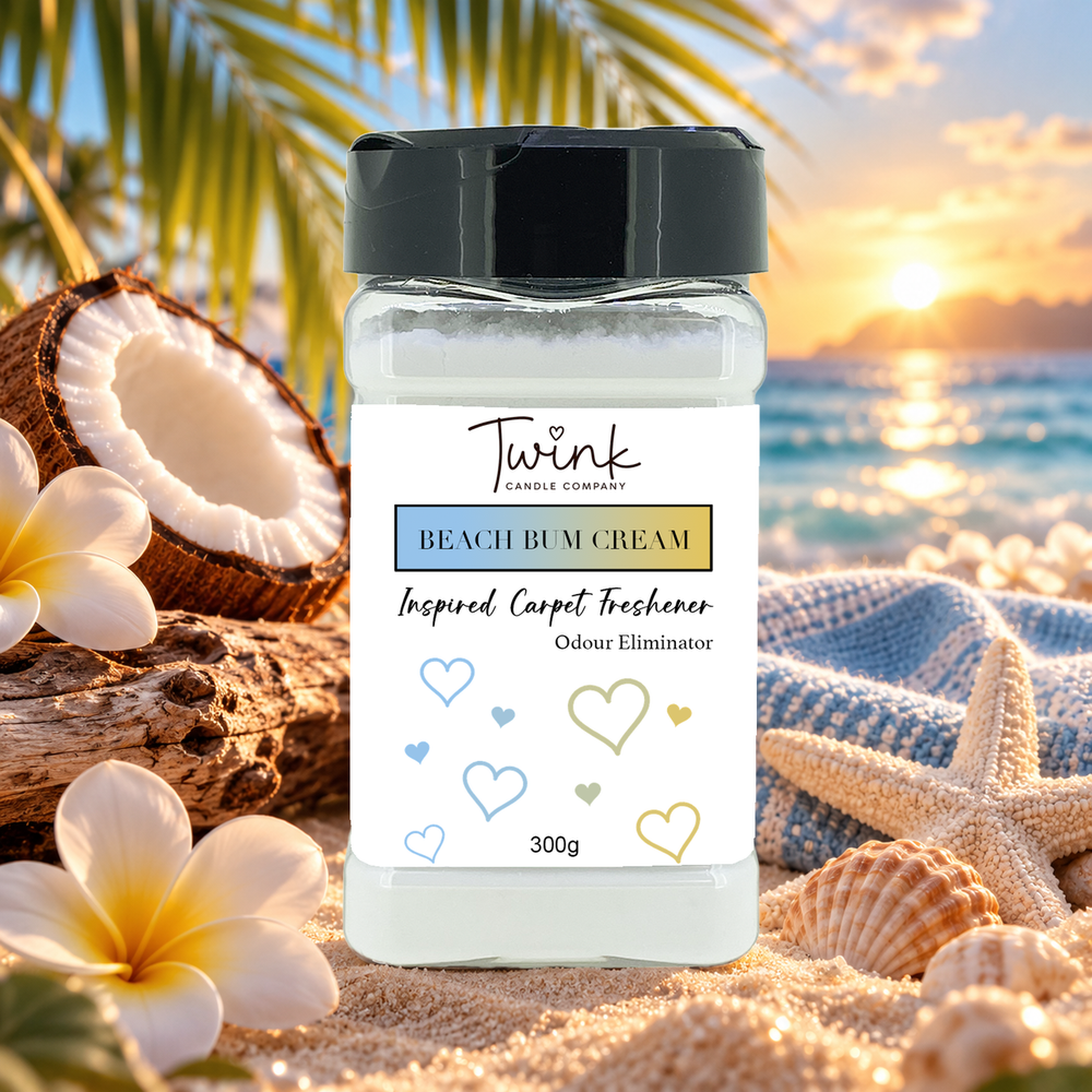 Beach Bum Cream inspired carpet freshener by Twink Candle Company, a 300g odour-eliminating shaker jar shown in a themed setting