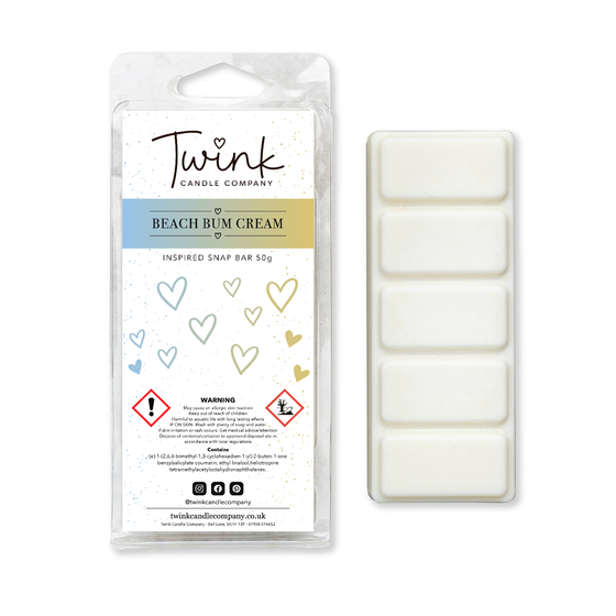 Beach Bum Cream soy wax melt snap bar with its five break-apart wax melts on a white background, by Twink Candle Company