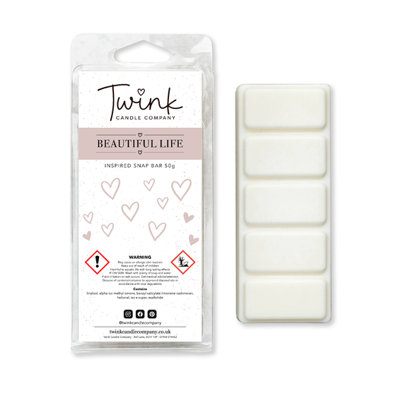 Beautiful Life inspired soy wax melt snap bar with its five break-apart wax melts on a white background, by Twink Candle Company