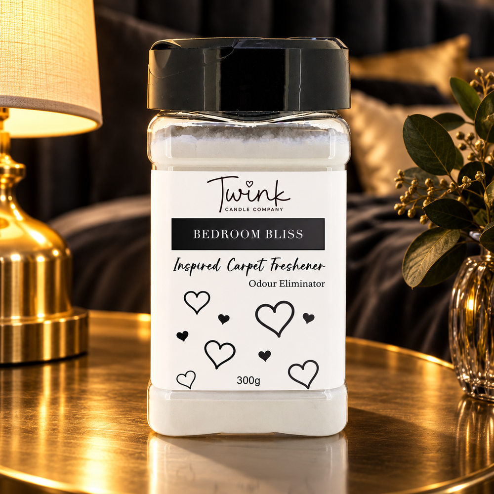 Bedroom Bliss (300g) inspired carpet freshener — 300g odour-eliminating shaker jar shown in a themed setting