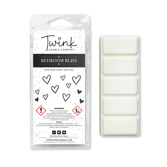 Bedroom Bliss inspired soy wax melt snap bar with its five break-apart wax melts on a white background, by Twink Candle Company