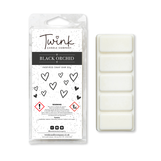 Black Orchid inspired soy wax melt snap bar with its five break-apart wax melts on a white background, by Twink Candle Company