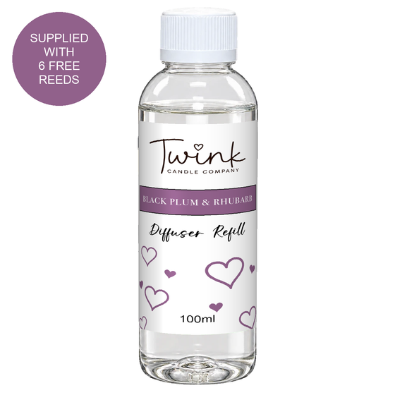 Black Plum & Rhubarb 100ml reed diffuser refill bottle by Twink Candle Company on a white background, supplied with six free reeds