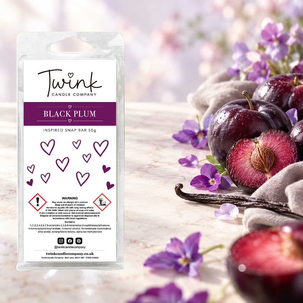 Black Plum inspired soy wax melt snap bar by Twink Candle Company, with dark plums, violets and vanilla on pale marble