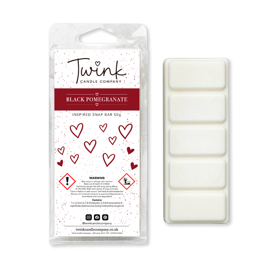Black Pomegranate soy wax melt snap bar with its five break-apart wax melts on a white background, by Twink Candle Company