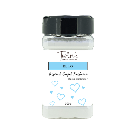 Bliss Unstoppables inspired carpet freshener by Twink Candle Company, a 300g odour-eliminating shaker jar on a white background