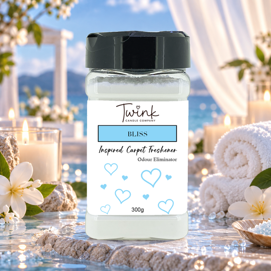 Bliss Unstoppables inspired carpet freshener by Twink Candle Company, a 300g odour-eliminating shaker jar shown in a themed setting
