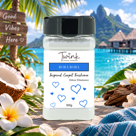 Bora Bora inspired carpet freshener by Twink Candle Company, a 300g odour-eliminating shaker jar shown in a themed setting