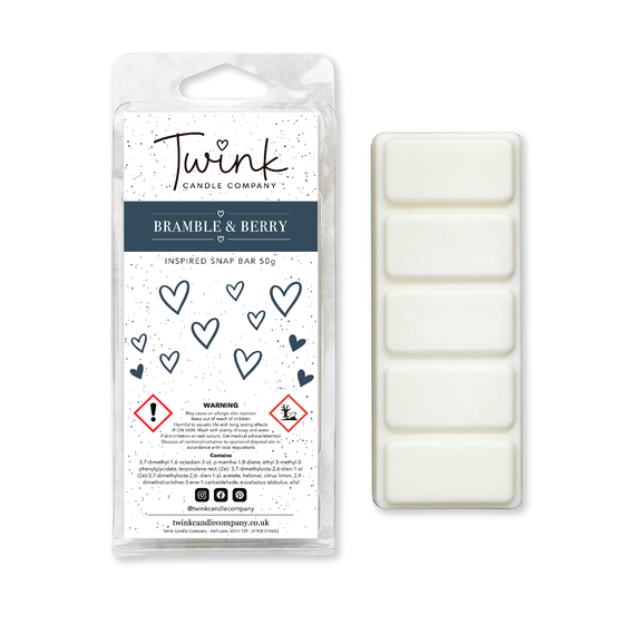 Bramble & Berry inspired soy wax melt snap bar with its five break-apart wax melts on a white background, by Twink Candle Company