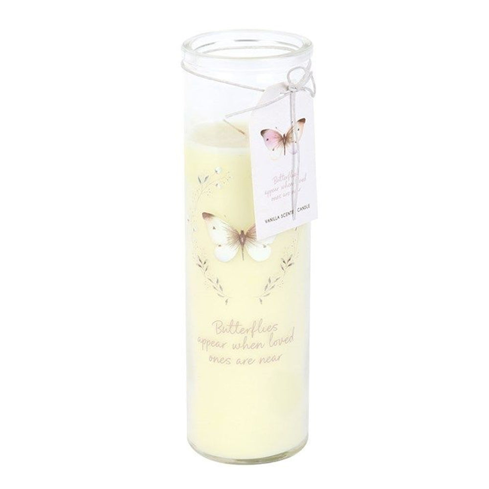 Butterflies Appear tube candle by Twink Candle Company, a tall glass candle with a butterfly label and gift tag
