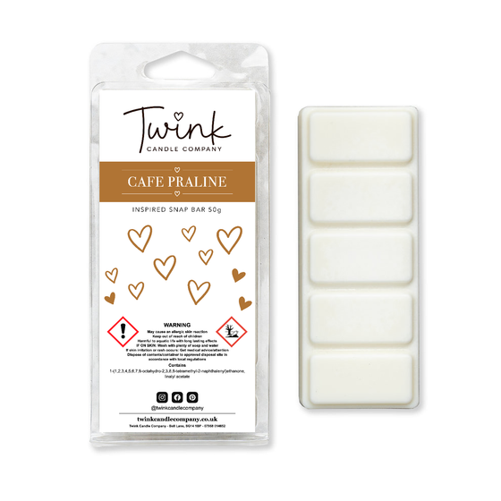 Cafe Praline soy wax melt snap bar by Twink Candle Company shown with its five break-apart melts on a white background