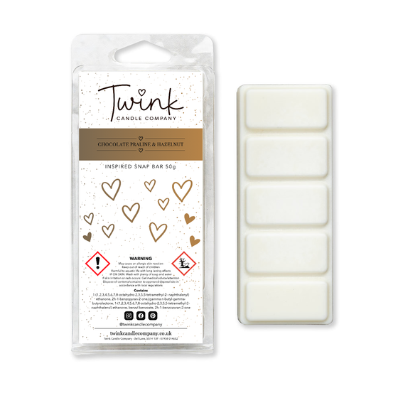 Chocolate Praline & Hazelnut soy wax melt snap bar with its five break-apart wax melts on a white background, by Twink Candle Company