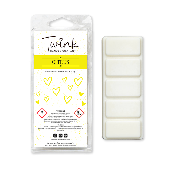 Citrus inspired soy wax melt snap bar with its five break-apart wax melts on a white background, by Twink Candle Company