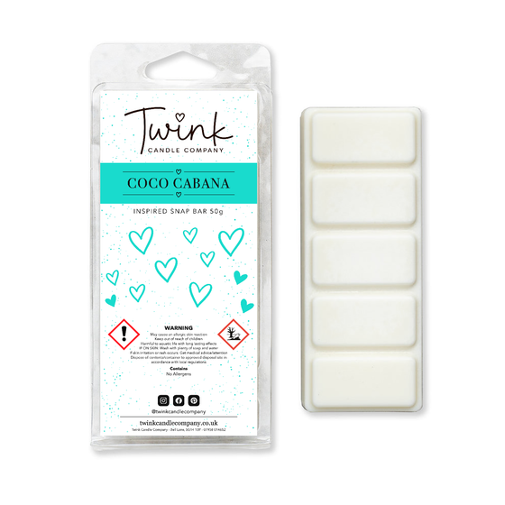 Coco Cabana inspired soy wax melt snap bar with its five break-apart wax melts on a white background, by Twink Candle Company