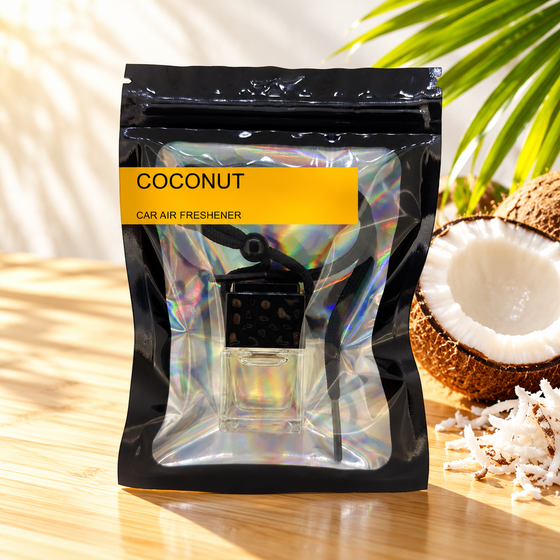 Coconut car air freshener by Twink Candle Company, hanging vent diffuser styled in a home setting