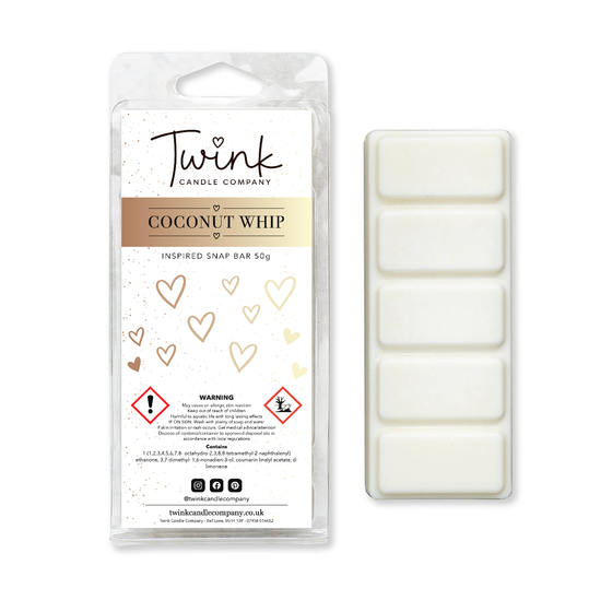 Coconut Whip inspired soy wax melt snap bar with its five break-apart wax melts on a white background, by Twink Candle Company