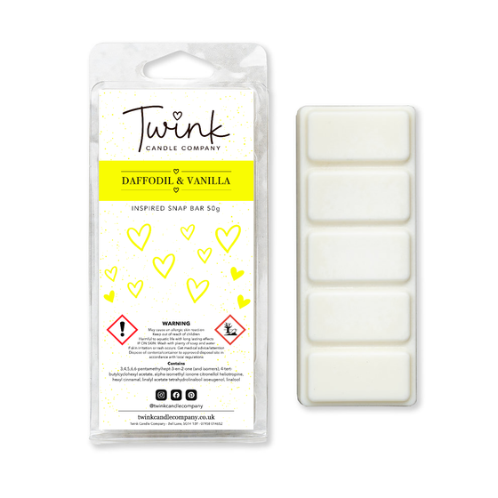 Daffodil & Vanilla inspired soy wax melt snap bar with its five break-apart wax melts on a white background, by Twink Candle Company
