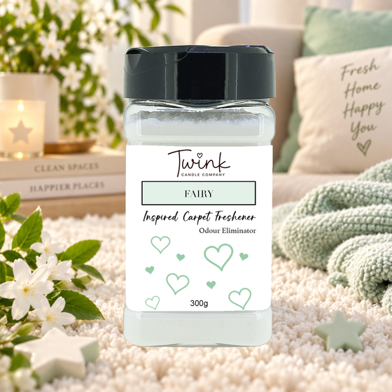 Fairy inspired carpet freshener by Twink Candle Company, a 300g odour-eliminating shaker jar shown in a themed setting