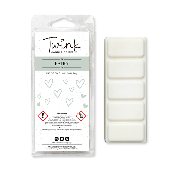 Fairy inspired soy wax melt snap bar with its five break-apart wax melts on a white background, by Twink Candle Company