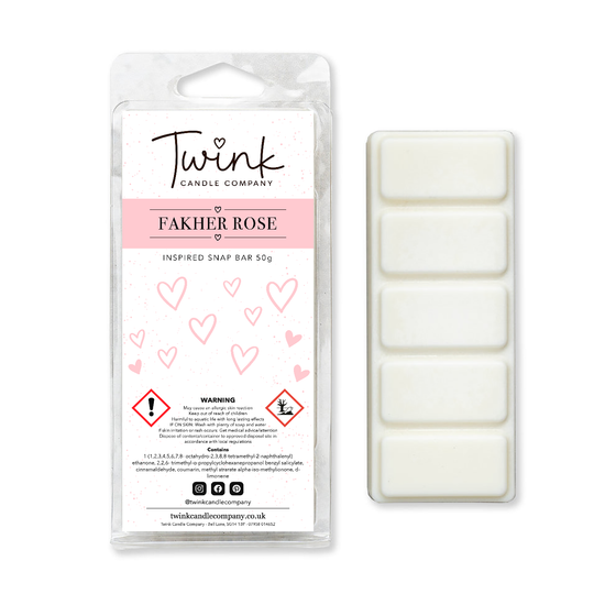 Fakher Rose inspired soy wax melt snap bar with its five break-apart wax melts on a white background, by Twink Candle Company