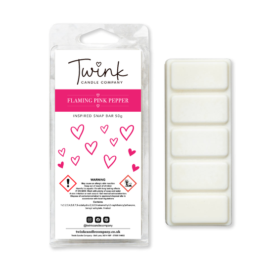 Flaming Pink Pepper soy wax melt snap bar by Twink Candle Company shown with its five break-apart melts on a white background