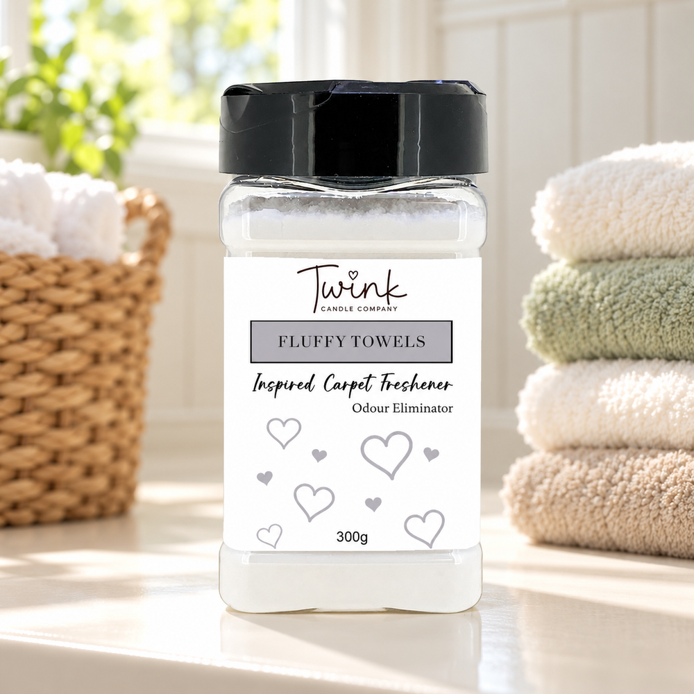 Fluffy Towels (300g) inspired carpet freshener — 300g odour-eliminating shaker jar shown in a themed setting