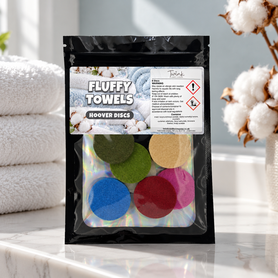 Fluffy Towels scented hoover discs by Twink Candle Company, pack of 8 styled in a home setting