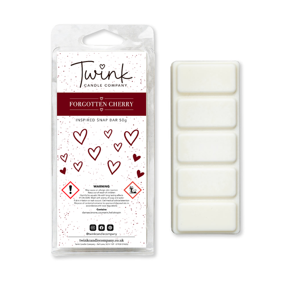 Forgotten Cherry soy wax melt snap bar with its five break-apart wax melts on a white background, by Twink Candle Company