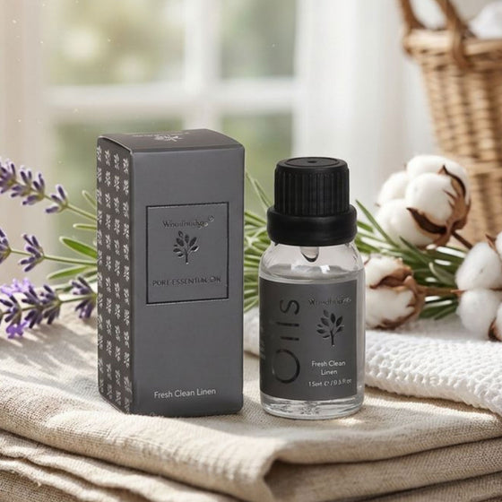 Woodbridge Fresh Clean Linen essential oil 15ml — amber fragrance oil bottle for burners and diffusers, in a fresh, clean setting