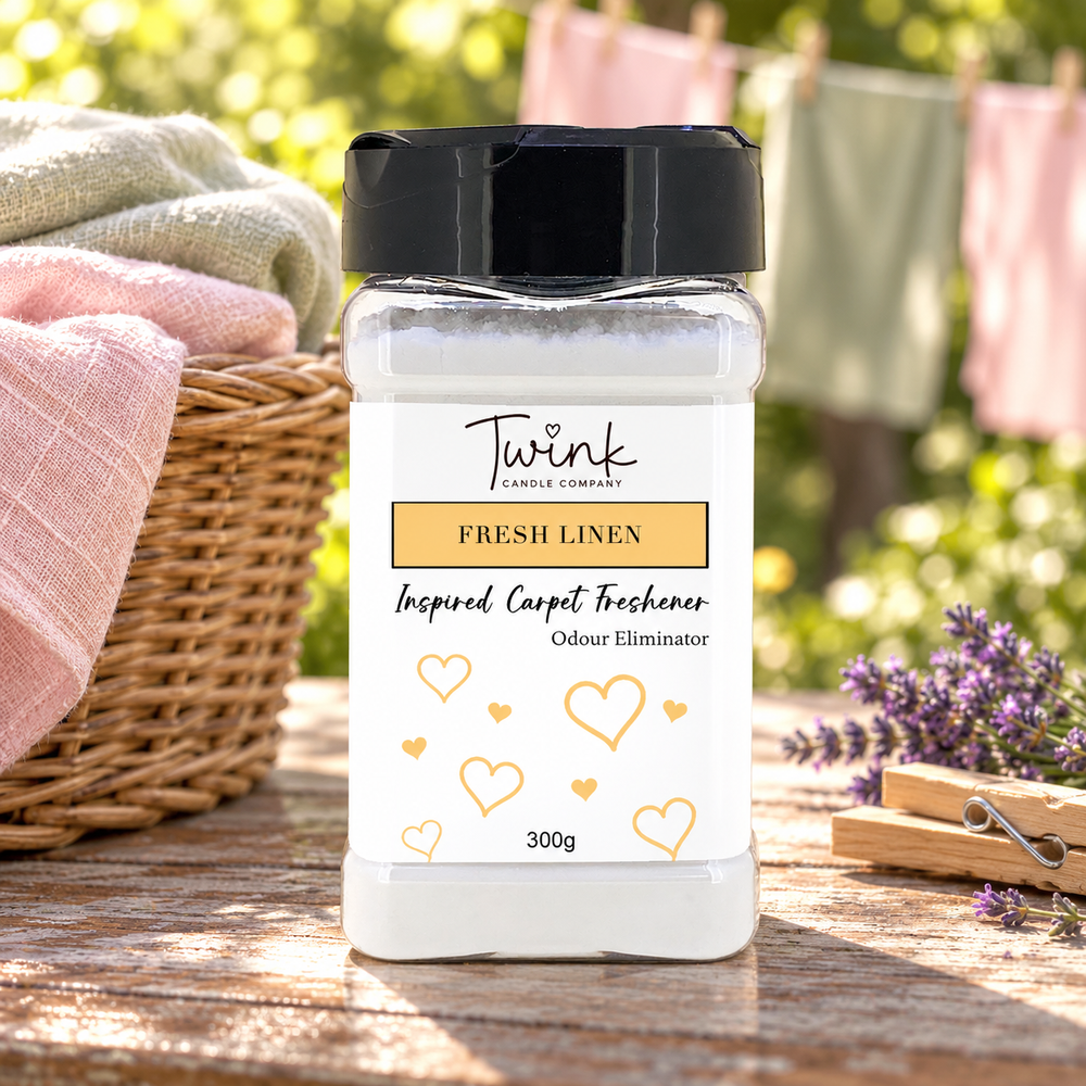 Fresh Linen (300g) inspired carpet freshener — 300g odour-eliminating shaker jar shown in a themed setting