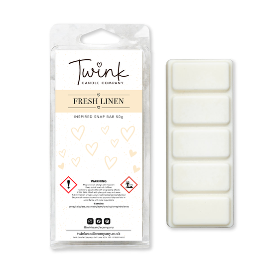 Fresh Linen inspired soy wax melt snap bar with its five break-apart wax melts on a white background, by Twink Candle Company