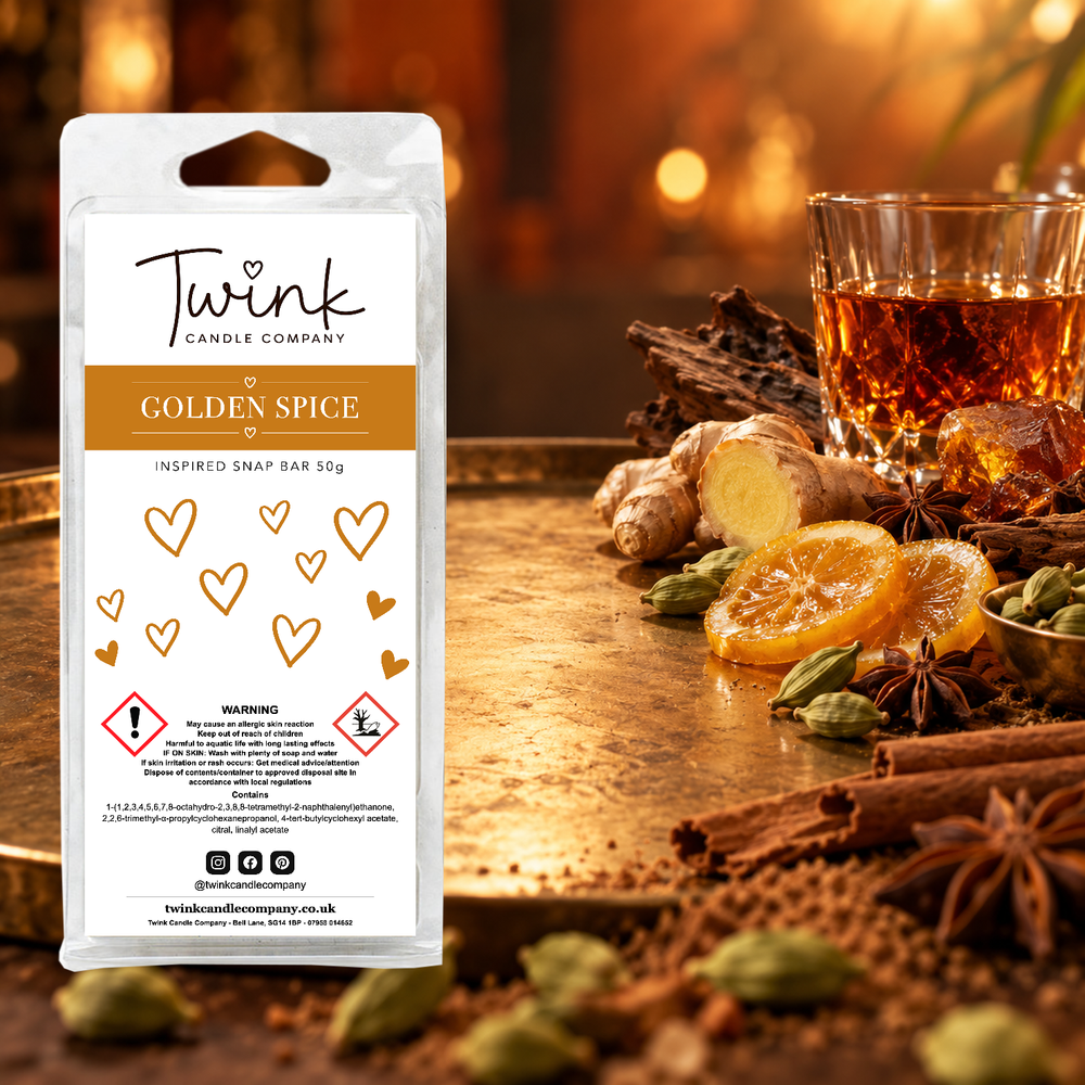Golden Spice inspired soy wax melt snap bar by Twink Candle Company, with fresh ginger, candied lemon, cardamom and spiced rum
