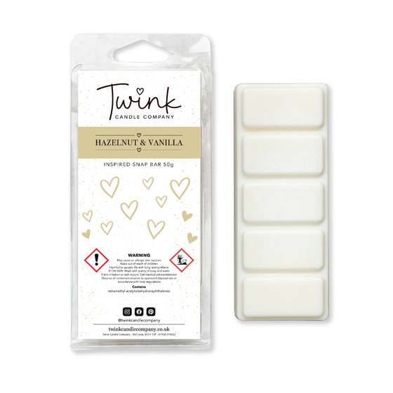 Hazelnut & Vanilla inspired soy wax melt snap bar with its five break-apart wax melts on a white background, by Twink Candle Company