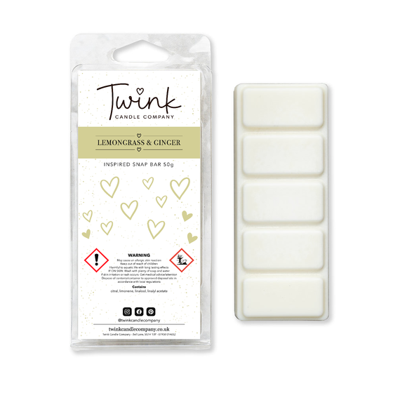 Lemongrass & Ginger soy wax melt snap bar with its five break-apart wax melts on a white background, by Twink Candle Company